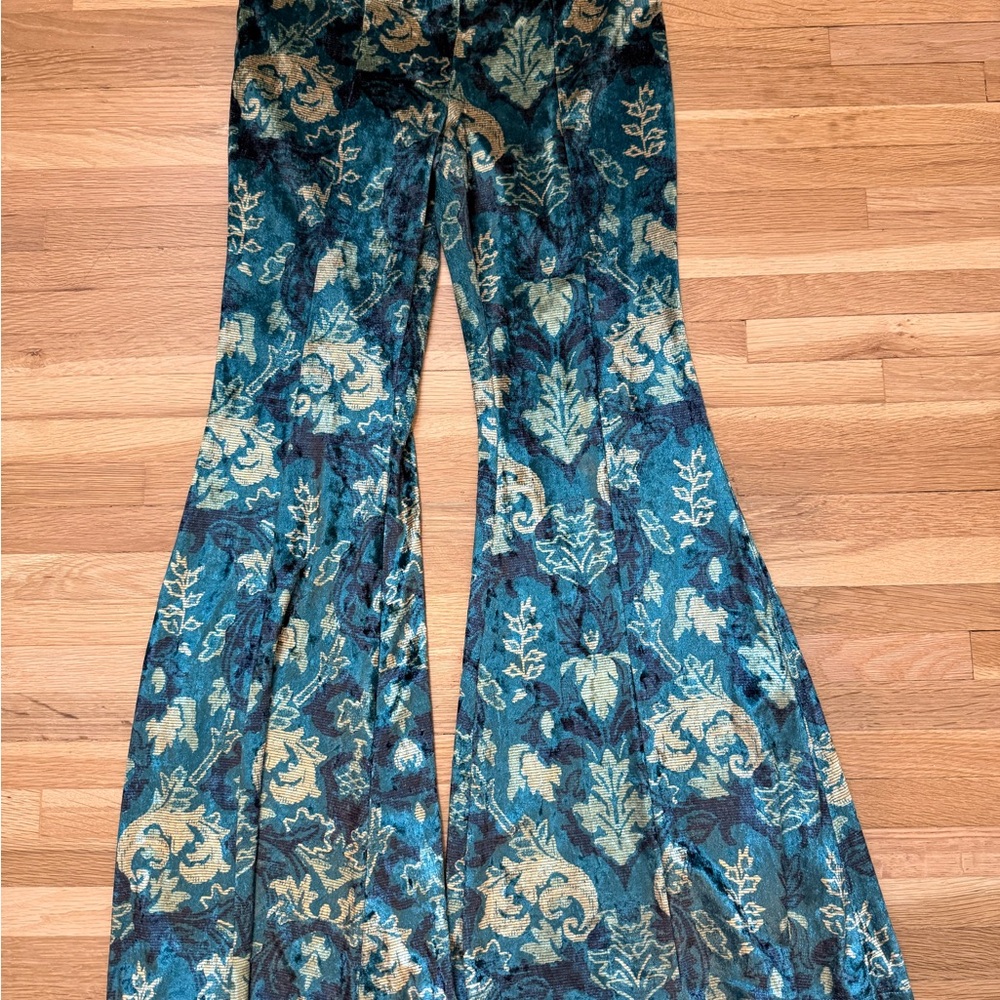 Free People Teal Blue Floral Velvet Flare Pants
